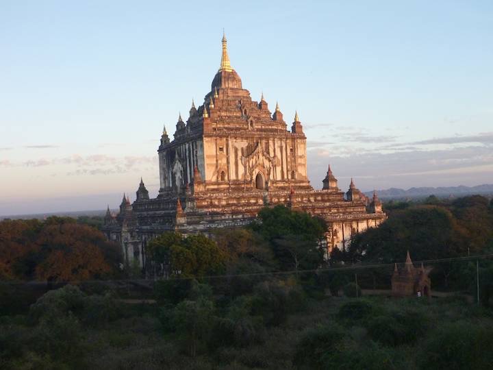 A sunset view of the tallest temple on the outskirts of old Bagan